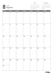 No canto superior direito estão mini calendários do mês anterior e próximo; abaixo, um calendário mensal 7 × 5 – modelo de calendário mensal (Vertical).