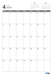 In alto a destra ci sono i mini calendari del mese precedente e successivo. In basso un calendario mensile 7 × 5 – modello mensile (Verticale).