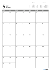 Üst sağda önceki ve sonraki ay mini takvimleri, altta 7 × 5 aylık takvim – aylık takvim şablonu (Dikey).