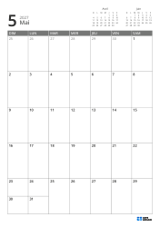 En haut à droite se trouvent les mini-calendriers du mois précédent et du mois suivant. En bas, un calendrier mensuel 7 × 5 – modèle de calendrier mensuel (Vertical).
