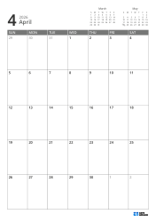 Mini calendars for the previous and next month are placed on the top right, and a 7 × 5 monthly calendar is placed below – monthly calendar template (Vertical).