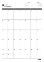 In alto a destra ci sono i mini calendari del mese precedente e successivo. In basso un calendario mensile 7 × 5 – modello mensile (Verticale).