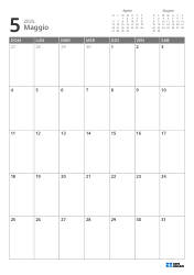 In alto a destra ci sono i mini calendari del mese precedente e successivo. In basso un calendario mensile 7 × 5 – modello mensile (Verticale).