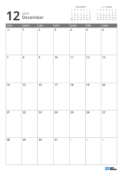 Oben rechts befinden sich Mini-Kalender für den Vormonat und Folgemonat. Unten steht ein Monatskalender im 7 × 5 Layout – Monatskalender-Vorlage (Hochformat).