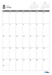 ऊपर दाईं ओर पिछले और अगले महीने के मिनी कैलेंडर हैं, और नीचे 7 × 5 का मासिक कैलेंडर है — मासिक कैलेंडर टेम्पलेट (वर्टिकल)।