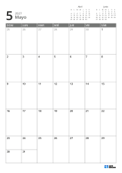 En la parte superior derecha se ubican mini calendarios del mes anterior y siguiente; en la parte inferior, un calendario mensual 7 × 5 – plantilla de calendario mensual (Vertical).