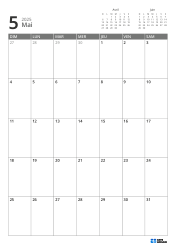 En haut à droite se trouvent les mini-calendriers du mois précédent et du mois suivant. En bas, un calendrier mensuel 7 × 5 – modèle de calendrier mensuel (Vertical).