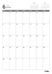 En la parte superior derecha se ubican mini calendarios del mes anterior y siguiente; en la parte inferior, un calendario mensual 7 × 5 – plantilla de calendario mensual (Vertical).