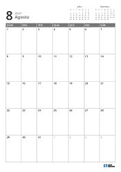 No canto superior direito estão mini calendários do mês anterior e próximo; abaixo, um calendário mensal 7 × 5 – modelo de calendário mensal (Vertical).