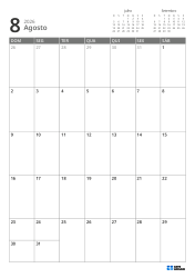 No canto superior direito estão mini calendários do mês anterior e próximo; abaixo, um calendário mensal 7 × 5 – modelo de calendário mensal (Vertical).