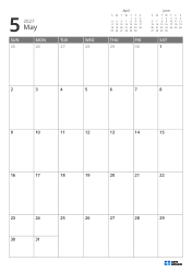Mini calendars for the previous and next month are placed on the top right, and a 7 × 5 monthly calendar is placed below – monthly calendar template (Vertical).
