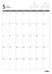 No canto superior direito estão mini calendários do mês anterior e próximo; abaixo, um calendário mensal 7 × 5 – modelo de calendário mensal (Vertical).