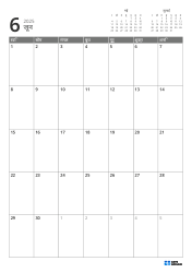 ऊपर दाईं ओर पिछले और अगले महीने के मिनी कैलेंडर हैं, और नीचे 7 × 5 का मासिक कैलेंडर है — मासिक कैलेंडर टेम्पलेट (वर्टिकल)।