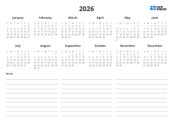 A yearly calendar arranged as a 2-column × 6-row grid on the left and a Notes section on the right – yearly calendar template (Horizontal).