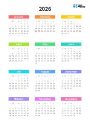 Portrait yearly calendar in a 3×4 layout where each row represents a quarter, with color-coded month labels for clear yearly planning