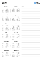 A yearly calendar arranged as a 6-column × 2-row grid at the top, with a Notes section at the bottom – yearly calendar template (Vertical).