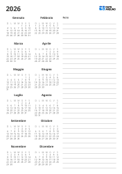 Nella parte superiore un calendario annuale in una griglia 6 colonne × 2 righe, e in basso uno spazio per le Note – modello di calendario annuale (Verticale).