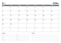 Landscape monthly calendar with Monday start and 6-week layout, featuring a bottom event list and notes area as a printable template