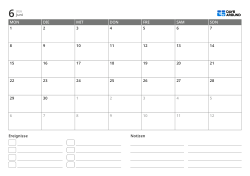 Monatskalender im Querformat mit Wochenstart am Montag und 6-Wochen-Layout, inklusive Eventliste und Notizbereich unten, als druckbare Vorlage