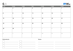 Calendrier mensuel en format paysage avec début le lundi et disposition sur 6 semaines, avec liste d’événements et zone de notes en bas, en modèle imprimable
