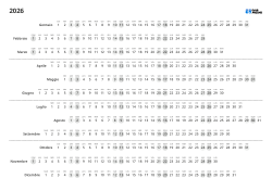 Calendario annuale con le date mensili disposte in orizzontale e i giorni della settimana in verticale. Modello stampabile in formato orizzontale con separatori trimestrali ogni tre mesi.
