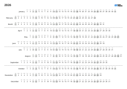 A yearly calendar with monthly dates arranged horizontally and weekdays aligned vertically. Printable annual calendar template (landscape) with quarterly dividers every three months.