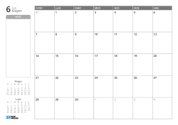 Modello di calendario mensile orizzontale con uno spazio note senza righe e mini calendari del mese precedente e successivo a sinistra, e una griglia mensile 7×5 a destra.