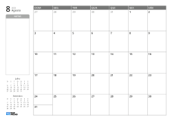 Modelo de calendário mensal em formato horizontal com espaço de notas sem linhas e mini calendários do mês anterior e seguinte à esquerda, e uma grade mensal 7×5 à direita.