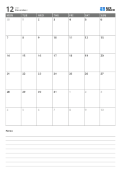 Monday-start 5-week portrait monthly calendar template with bottom lined notes section for immediate planning and writing