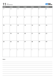 Template di calendario mensile verticale di 5 settimane con inizio lunedì e area note inferiore per annotazioni immediate