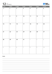 Template di calendario mensile verticale di 5 settimane con inizio lunedì e area note inferiore per annotazioni immediate