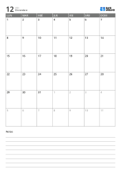 Plantilla de calendario mensual vertical de 5 semanas con inicio en lunes y notas inferiores para registro inmediato