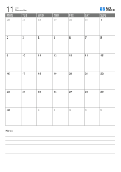 Monday-start 5-week portrait monthly calendar template with bottom lined notes section for immediate planning and writing