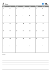 Modelo de calendário mensal vertical de 5 semanas com início na segunda-feira e área de notas inferior para registro imediato