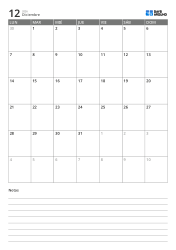 Plantilla de calendario mensual vertical de 5 semanas con inicio en lunes y notas inferiores para registro inmediato