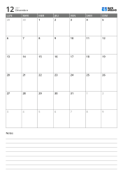 Modèle de calendrier mensuel vertical sur 5 semaines commençant le lundi avec zone de notes en bas pour écrire immédiatement