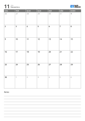 Modelo de calendário mensal vertical de 5 semanas com início na segunda-feira e área de notas inferior para registro imediato