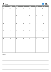 Plantilla de calendario mensual vertical de 5 semanas con inicio en lunes y notas inferiores para registro inmediato