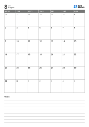 Monday-start 5-week portrait monthly calendar template with bottom lined notes section for immediate planning and writing