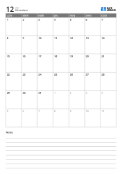 Modèle de calendrier mensuel vertical sur 5 semaines commençant le lundi avec zone de notes en bas pour écrire immédiatement