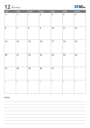 Modelo de calendário mensal vertical de 5 semanas com início na segunda-feira e área de notas inferior para registro imediato