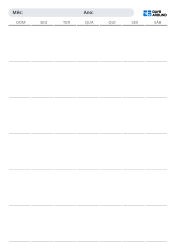 Modelo de calendário mensal sem datas em layout vertical com opção de início no domingo ou segunda-feira e formatos de 5 ou 6 semanas, oferecendo espaços abertos para anotações e compromissos