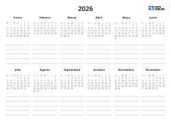 Calendario anual de 6 columnas × 2 filas, con un espacio de notas debajo de cada mini calendario – plantilla de calendario anual (horizontal)