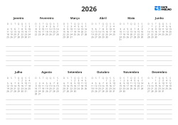 Calendário anual com 6 colunas × 2 linhas, com espaço de notas abaixo de cada mini calendário – modelo de calendário anual (horizontal)