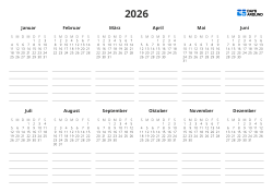 Jahreskalender mit 6 Spalten × 2 Zeilen, mit einem Notizbereich unter jedem Mini-Kalender – Jahreskalender-Vorlage (Querformat)