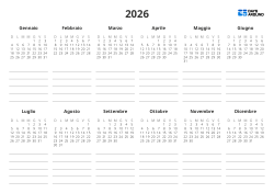 Calendario annuale 6 colonne × 2 righe, con uno spazio per note sotto ogni mini calendario – modello di calendario annuale (orizzontale)