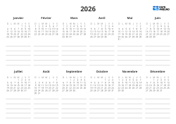 Calendrier annuel 6 colonnes × 2 lignes, avec un espace de notes sous chaque mini-calendrier – modèle de calendrier annuel (horizontal)
