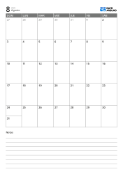 Plantilla de calendario mensual en formato vertical con una cuadrícula mensual 7×5 en la parte superior y un espacio de notas con líneas en la parte inferior.
