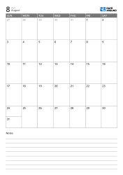 A portrait monthly calendar template with a 7×5 monthly grid at the top and a lined notes section at the bottom.