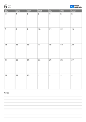 Modèle de calendrier mensuel au format portrait avec une grille mensuelle 7×5 en haut et un espace de notes ligné en bas.